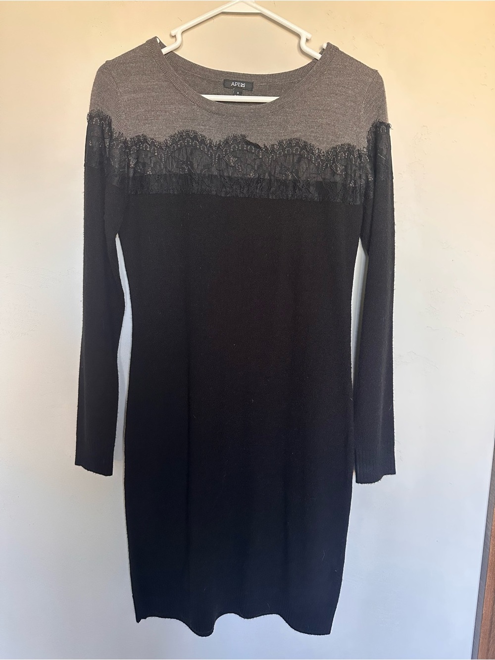 Apt. 9 Black Knit Dress with Gray and Lace-Trim Long Sleeve Size Small
